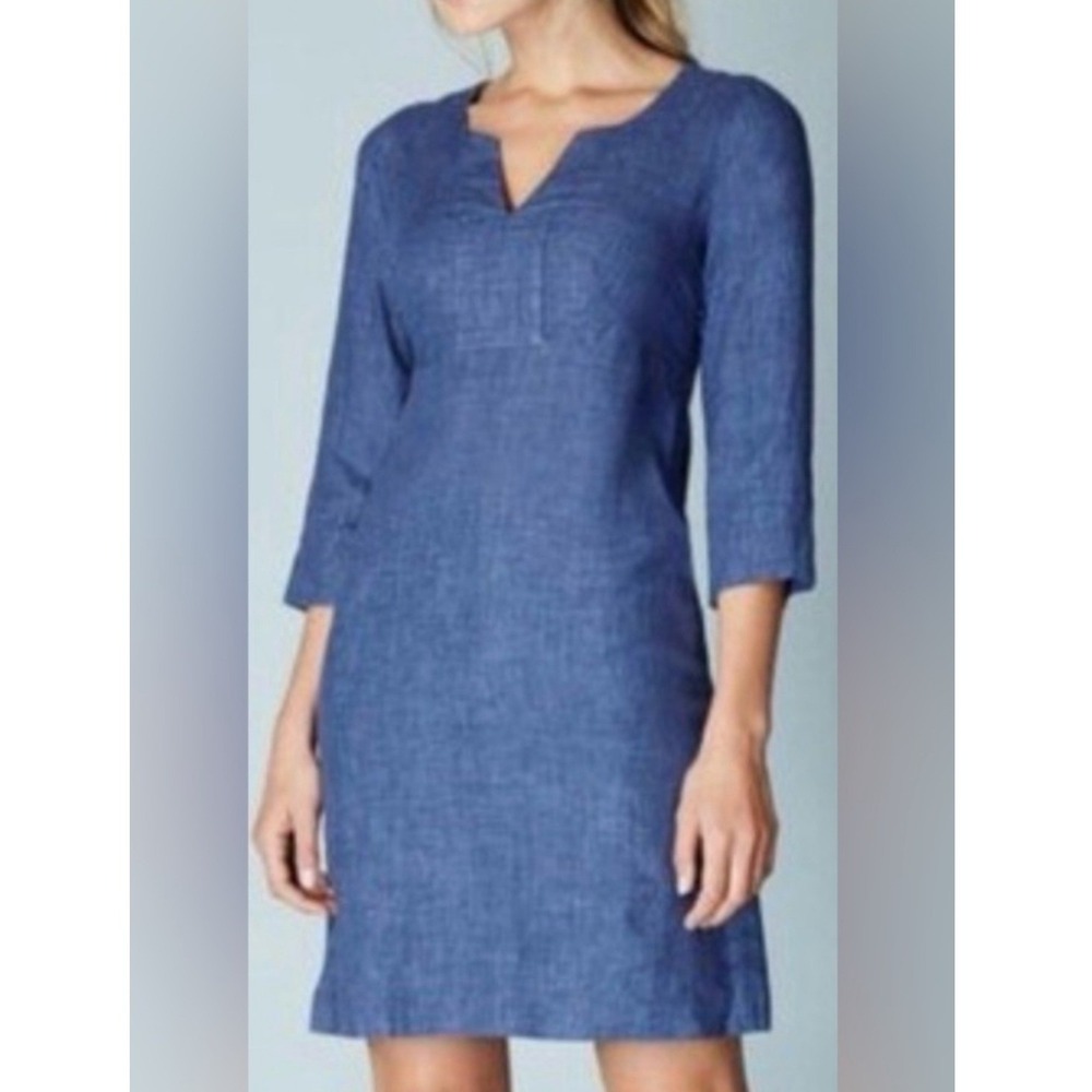 Boden Dress 100% Linen 6R Blue Shift Split Neck 3/4 Sleeve Side Zip